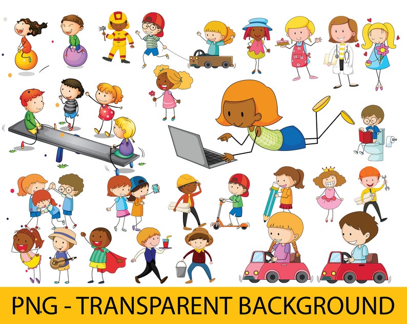 May include: A colorful illustration of children doing various activities, including playing on a seesaw, riding a scooter, driving toy cars, and using a laptop. The illustration is drawn in a cartoon style with bright colors and simple lines.