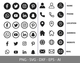 Pictogram voor sociale media en visitekaartje, telefoonnummer, e-mail, website en locatiepictogrammen | SVG PNG DXF EPS-bestand, direct downloaden