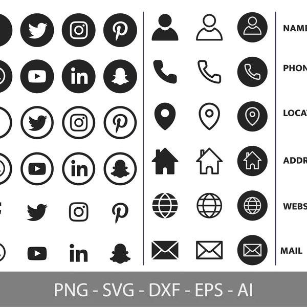 Social Media Icon & Business Card icon, Phone Number, Email, Website, And Location icons | svg png dxf eps File, Instant Download