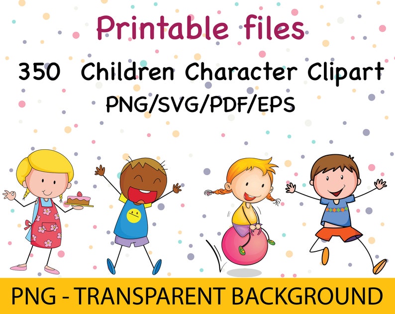 May include: A set of 350 printable children character clipart images in PNG, SVG, PDF, and EPS formats. The images feature children of different races and genders, with a variety of expressions and poses. The images are perfect for use in educational materials, crafts, and other creative projects.