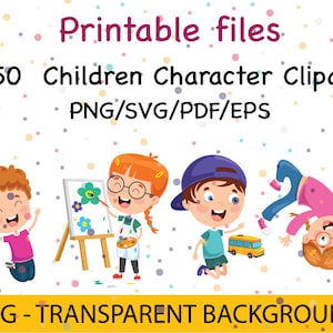 May include: A set of 350 printable children character clipart images in PNG, SVG, PDF, and EPS formats. The images feature children of different ages and ethnicities engaged in various activities, such as painting, playing with a toy bus, and doing a handstand. The images have a transparent background.