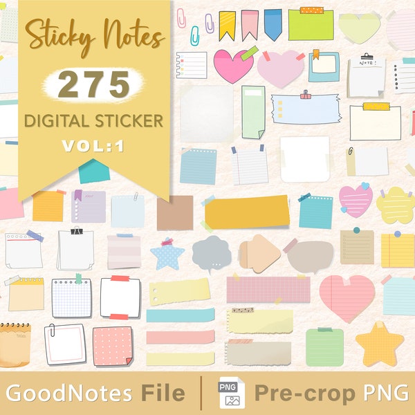 275 Digitale Haftnotizen, Goodnotes Sticky Notes, Digitale Aufkleber, Post It Notes/ Planner Aufkleber für Notizen und hübsche Zusatzartikel