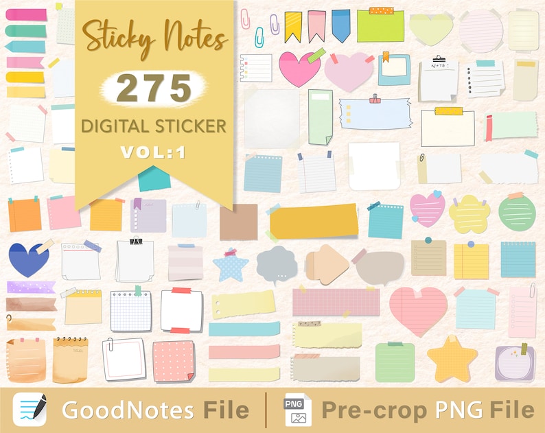 May include: A set of 275 digital sticky notes in various colors and designs, including hearts, stars, and speech bubbles. The notes are labeled "Sticky Notes" and "Digital Sticker Vol:1".