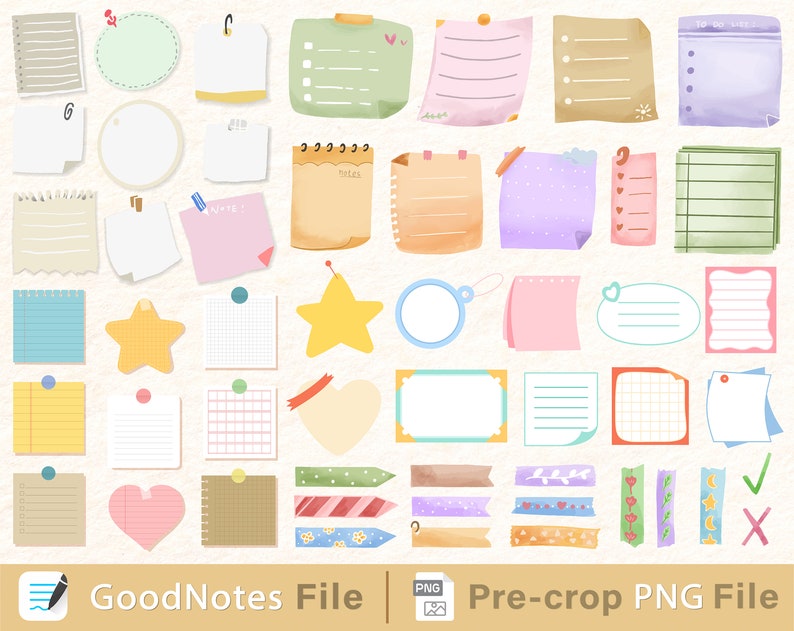 May include: A set of 30 digital planner stickers in various shapes, sizes, and colors. The stickers include stars, hearts, circles, squares, and rectangles. Some stickers have lines, grids, or polka dots. The stickers are perfect for adding a touch of personality to your digital planner.