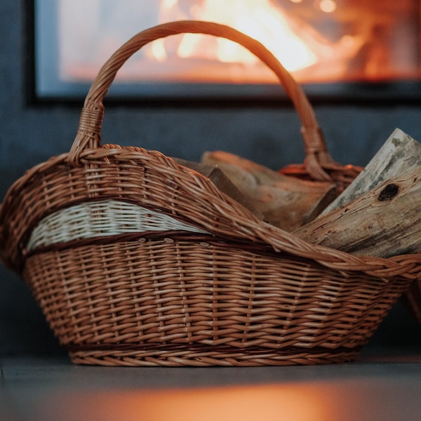 Weidenkorb für Holz, für den Kamin, 100 % handgefertigt, großer Korb, mehrfarbig,