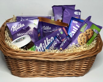 Wicker Gift Basket full of sweets, Milka, Handmade Wicker, for your love, Christmas Gift,