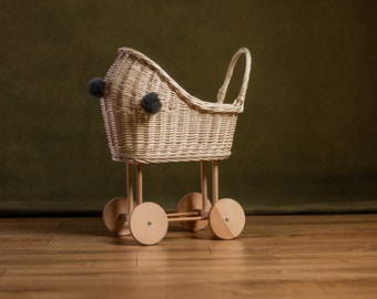 Wicker Willow White Baby Carriage Doll Stroller Doll Pram High Wicker Pram Exclusive eco Toy for Kids 1st Birthday Gift Natural Toy