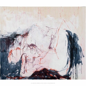 May include: Abstract painting with a white background and black, red, and pink brushstrokes. The painting has a loose, gestural style and appears to depict a figure.