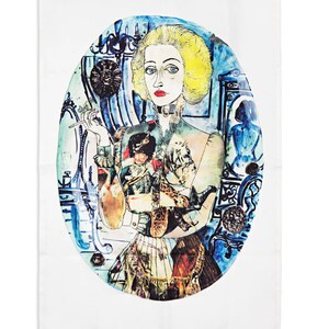 May include: A colorful illustration of a woman with blonde hair, wearing a white shirt with a variety of patterns and images, including a soldier, a horse, and a leopard. The woman is holding a cigarette in her right hand and is surrounded by a blue and white background.