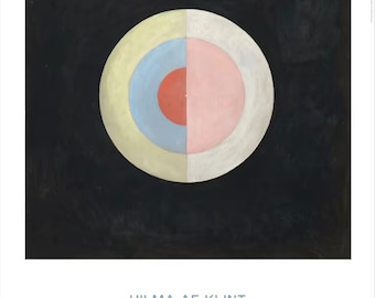 May include: An abstract painting by Hilma af Klint, a Swedish artist. The painting features a series of concentric circles in shades of yellow, blue, red, and pink on a black background. The text "Hilma af Klint - Abstrakt Pionjär" is printed below the painting.