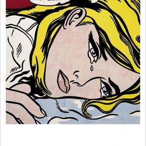 Może przedstawiać: Grafika w stylu pop-art przedstawiająca płaczącą blondynkę. Obraz zawiera dymek z tekstem: "THAT'S THE WAY--IT SHOULD HAVE BEGUN! BUT IT'S HOPELESS!". Dzieło sztuki jest w stylu komiksowym.