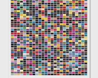 May include: A colorful art print featuring a grid of small, rectangular blocks in various colors, including red, blue, yellow, and green. The print has a white border and includes text at the bottom: "GERHARD RICHTER - IMAGE AFTER IMAGE - LOUISIANA MUSEUM OF MODERN ART - 04.02 - 29.05.2005."