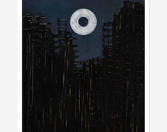 May include: Abstract art print with a white circle and dark centre against a dark blue backdrop. Black vertical and horizontal lines form a cityscape silhouette. From the Moderna Museet.
