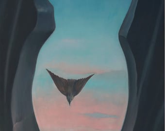 May include: A painting of a bird flying upside down between two dark, abstract shapes. The background is a blue and pink sky.