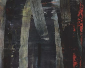 May include: Abstract painting with vertical brushstrokes in shades of grey, green, and red. The painting is titled "Gerhard Richter" and includes the text "Fondation Beyeler" and "18. 5.-7. 9. 2014" and "Riehen/Basel".