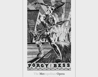 May include: Monochrome poster for The Metropolitan Opera's 2019-20 season, depicting a man carrying a woman, both with instruments. The poster's title reads "Porgy and Bess", with the opera house's name and season dates below. The image is a stylized illustration.