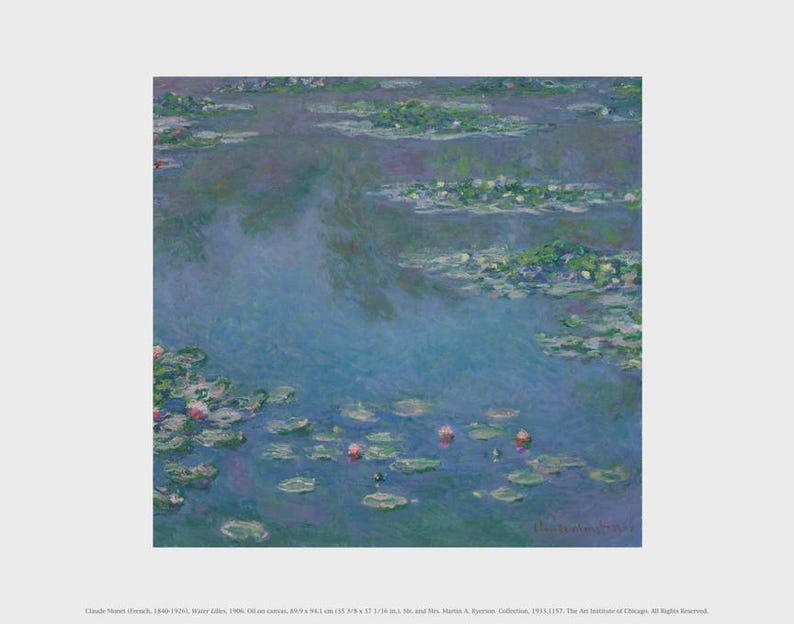 May include: Impressionist painting of water lilies by Claude Monet. The artwork depicts a serene pond with lily pads and flowers in shades of green, pink, and blue. The brushstrokes create a soft, diffused effect, capturing the play of light on the water's surface.