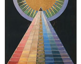 May include: An abstract painting by Hilma af Klint, titled "Abstract Pioneer". The painting features a large circle with a golden sun in the centre, surrounded by a blue ring and green rays. Below the circle is a pyramid shape with a series of colourful bands and circles.