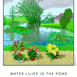 Könnte beinhalten: Ein Gemälde von David Hockney mit dem Titel "Water Lilies in the Pond with Pots of Flowers". Das Gemälde ist ein Raster aus vier Quadraten, die jeweils eine andere Szene darstellen. Das obere linke Quadrat zeigt einen Teich mit Seerosen und einer Spiegelung des Himmels. Das obere rechte Quadrat zeigt einen Teich mit Seerosen und einer Spiegelung des Himmels. Das untere linke Quadrat zeigt einen Teich mit Seerosen und einer Spiegelung des Himmels. Das untere rechte Quadrat zeigt einen Teich mit Seerosen und einer Spiegelung des Himmels.