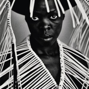 Peut inclure: Portrait en noir et blanc d'une personne portant un chapeau et un vêtement uniques. Le chapeau est noir avec des rayures blanches verticales, et le vêtement présente un design linéaire blanc. L'image est un gros plan, mettant l'accent sur le visage de la personne et les détails complexes de la tenue.