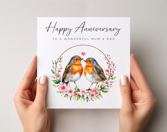Happy Anniversary Mum & Dad Card, Watercolour Robins