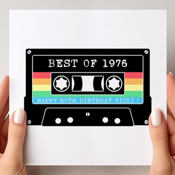 Personalised 50th Birthday Card, 1976, Retro Cassette Tape Design