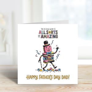 Pode incluir: Um cart&atilde;o de Dia dos Pais com um personagem de desenho animado de doces usando uma cartola e bengala. O cart&atilde;o diz "To a guy who is all sorts of amazing" e "Happy Father's Day Dad!"