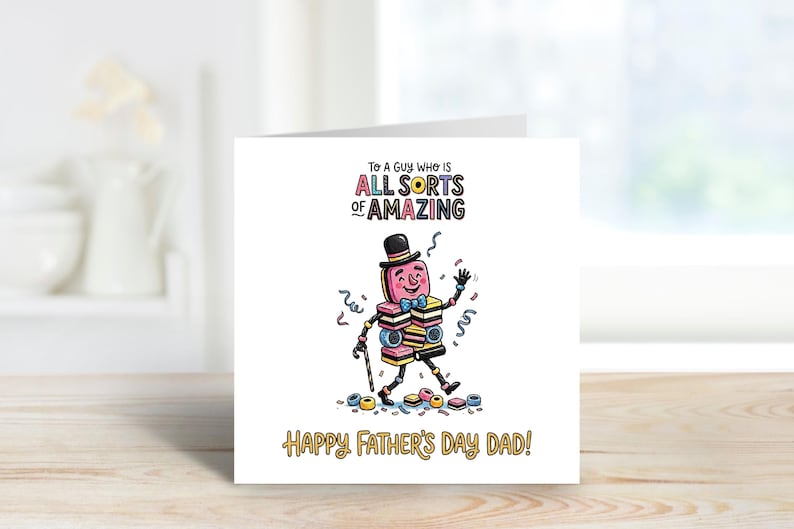 Pode incluir: Um cart&atilde;o de Dia dos Pais com um personagem de desenho animado de doces usando uma cartola e bengala. O cart&atilde;o diz "To a guy who is all sorts of amazing" e "Happy Father's Day Dad!"