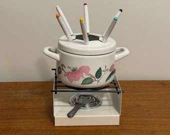 Retro Mikasa ‘Silk Flowers’ pattern, unused in original box .Fondue Set for 6. Japan. 1980’s.