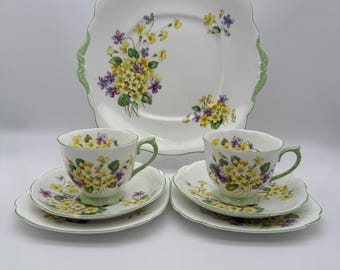 Vintage Royal Albert 'Primulette' 7 price set. 2x Trios & 1 cake plate. Green trim. 1940s.