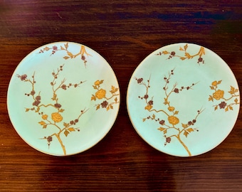 Antique ‘Harvey Adams’ Plates c1800s. Set of 2. England.Handpainted, Teal Blue and Gold.