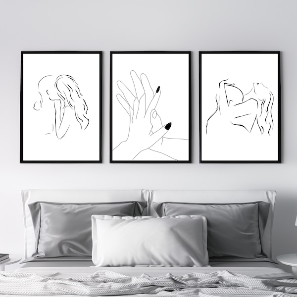 Ensemble de 3 Couple Line Art, Couple Face Set Poster, Chambre Sensual Art, Crossed Hands Line Art, Couple Kiss Prints, Couple Gallery Set Poster