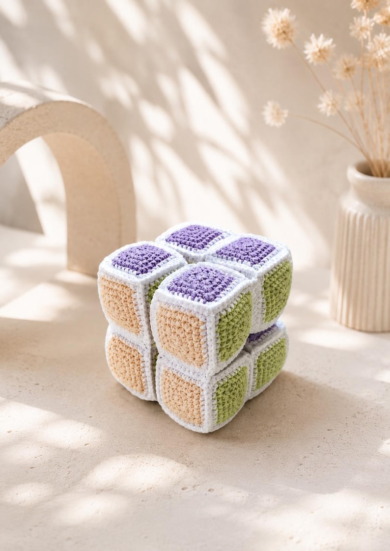 A crocheted cube-shaped object with a mix of purple and green colors, sitting on a light-colored surface.