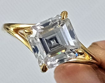2.60CTW Asscher Cut Moissanite Solitaire Ring, 14k Yellow Gold Plated