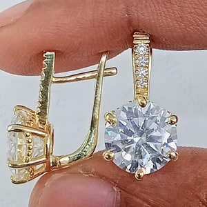 4.20CTW Round Moissanite Drop Earrings: 14k Yellow Gold Lever Back