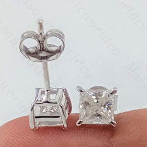 Certified 2.3CTW Princess Cut VVS1 Moissanite Push Back Stud Earring, 14K White Gold Plated, Moissanite Wedding Earring, Bridal Gift Earring
