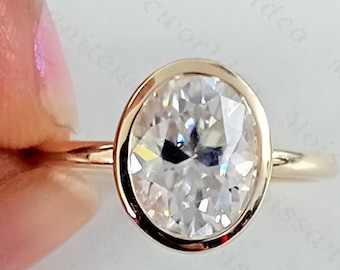 2.00 Ct Oval VVS1 Moissanite Bezel Engagement Ring, 14K Yellow Gold Plated