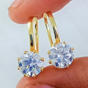 2.48Ct Round Cut Moissanite Drop Earrings: 14k Yellow Gold Plated Lever Back