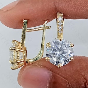 4.20CTW Round Moissanite Drop Earrings: 14k Yellow Gold Lever Back