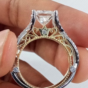 Vintage Ring 2Ct Certified Princess Cut VVS1 Moissanite Ring, Multi Tone Plated Ring, Filigree Ring, Wedding Ring, 925 Sterling Silver Ring