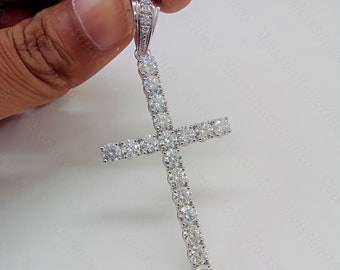 Collier pendentif croix en moissanite coupe ronde, cadeau de mariage, pendentif en moissanite, cadeau d&#39;anniversaire, plaqué or blanc 14 carats, cadeau d&#39;anniversaire