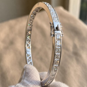 Princess Cut D/VVS1 Moissanite Bangle, 925 Sterling Silver, Full Eternity All Around Stones