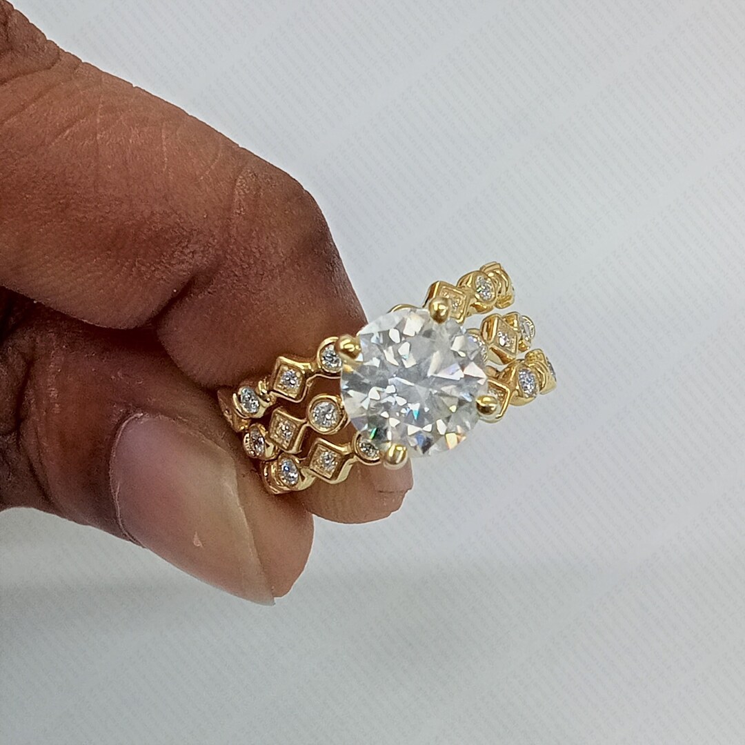 Round Cut Moissanite Wedding Trio Set: 14k Yellow Gold Plated ...