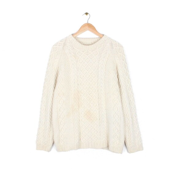 Aran Knit Jumper Cream Long Sleeve Retro Chunky Knit Sweater Size