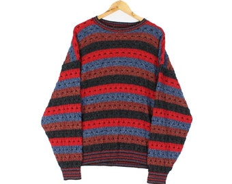 Vintage Jumper Multicoloured Crew Neck Chunky Knit Striped Pullover Mens Size M