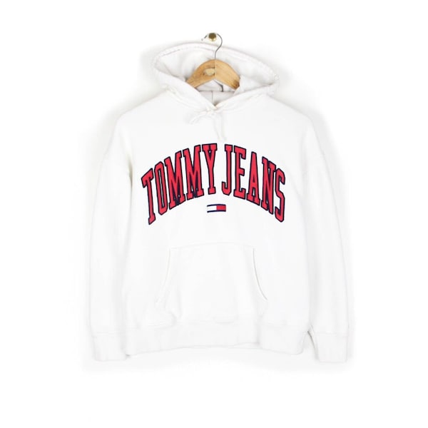 Tommy Hilfiger Hoodie Sweatshirt Big Logo Spell Out White Hoody Womens Size XS