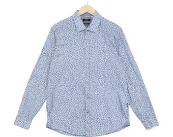 Hugo Boss Herrenhemd mit Blumenmuster, Größe L, Blau, Langarm, normale Passform