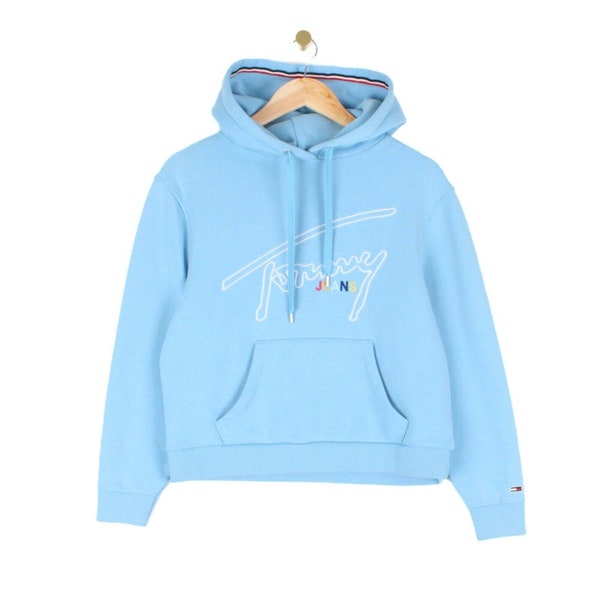 Tommy Hilfiger Sweatshirt Hoodie Blauw Spell Out Geborduurd Logo Damesmaat XS