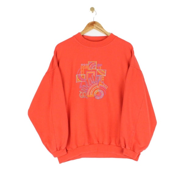 Pull vintage sweat-shirt orange brodé surdimensionné fabriqué au Royaume-Uni pour homme taille L