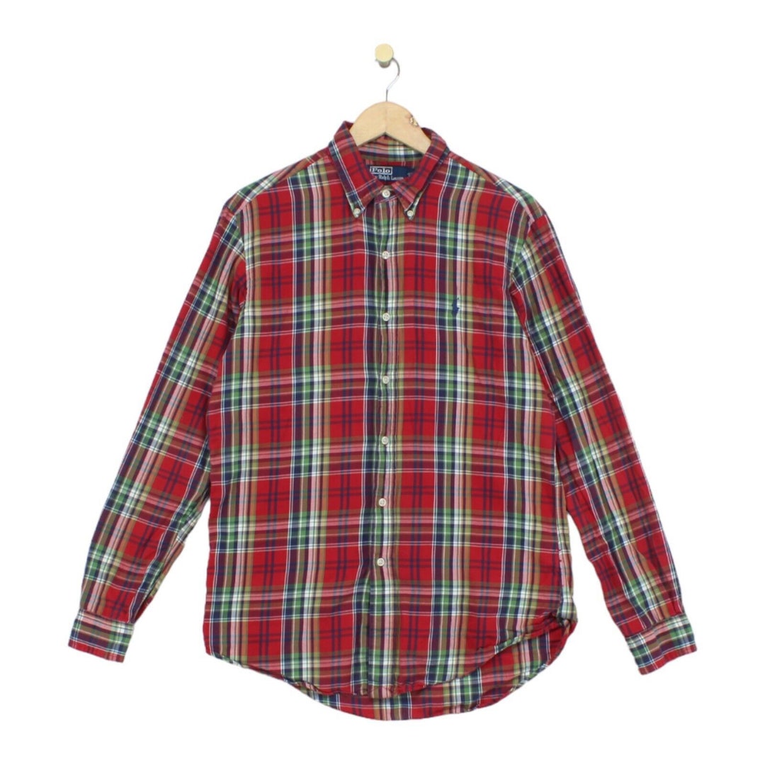 Ralph Lauren short sleeve button down check shirt, men's size M cotton blue type Vintage Second Hand